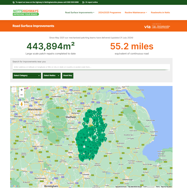 Screenshot of NottsHighways front page showing a map of Nottinghamshire with location pins
https://www.nottshighways.co.uk/